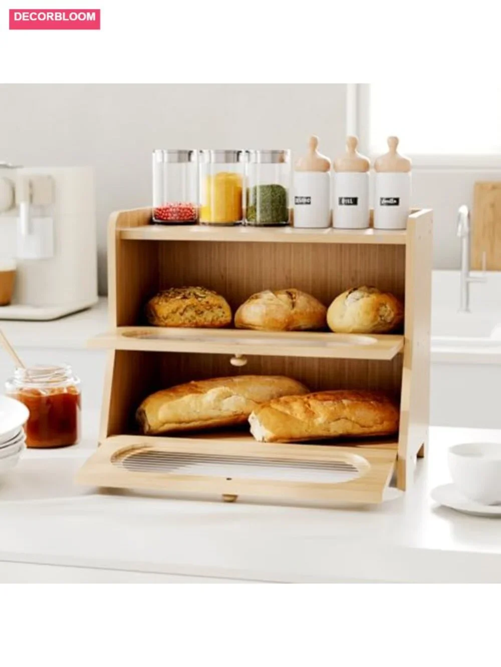 Extra Large 2-Tier Bamboo Bread Box with Magnetic Acrylic Door